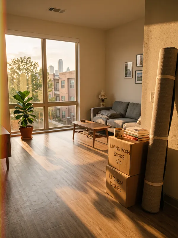 A living room with the rug still rolled up and moving boxes by the window