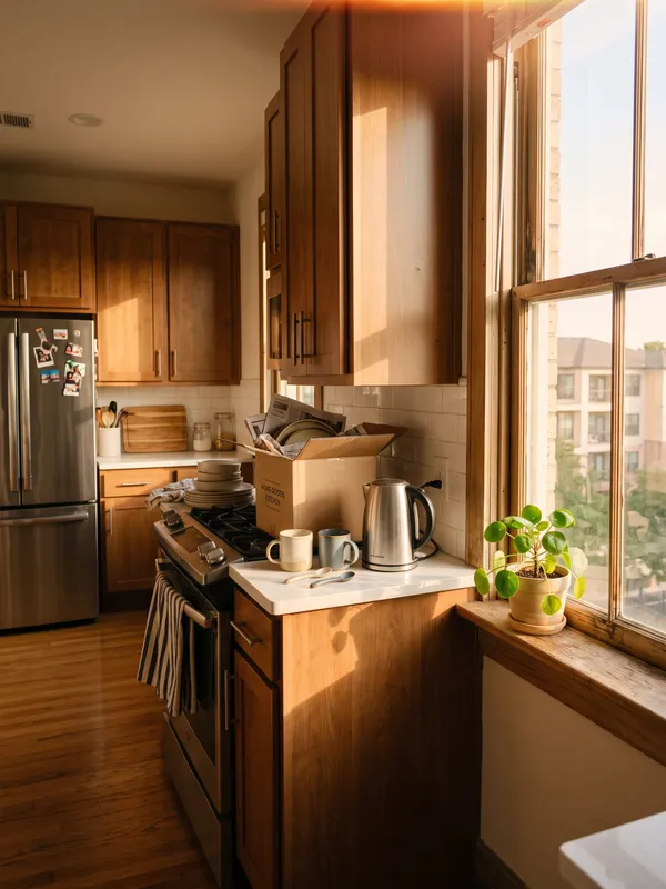 An apartment kitchen in the afternoon light