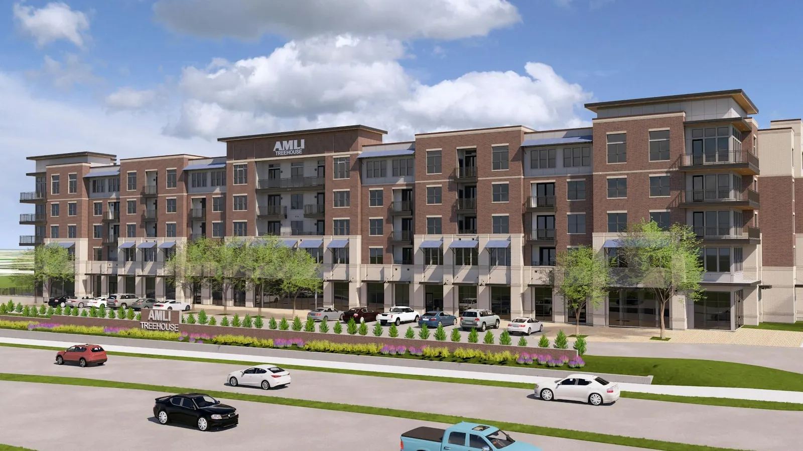 AMLI Treehouse in Addison: artist's rendering of a five-story brick and stone apartment building with ground-floor shops along a landscaped street