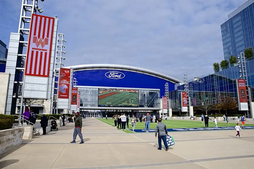The plaza in front of the Ford Center at The Star, with the Omni hotel on the right
