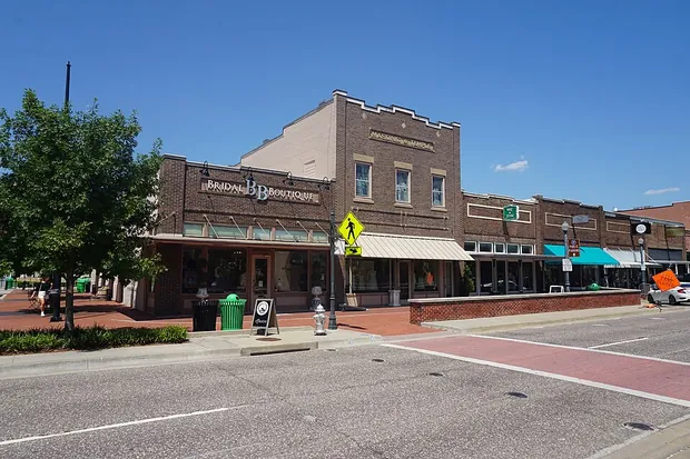 Brick storefronts on West Main Street in Lewisville