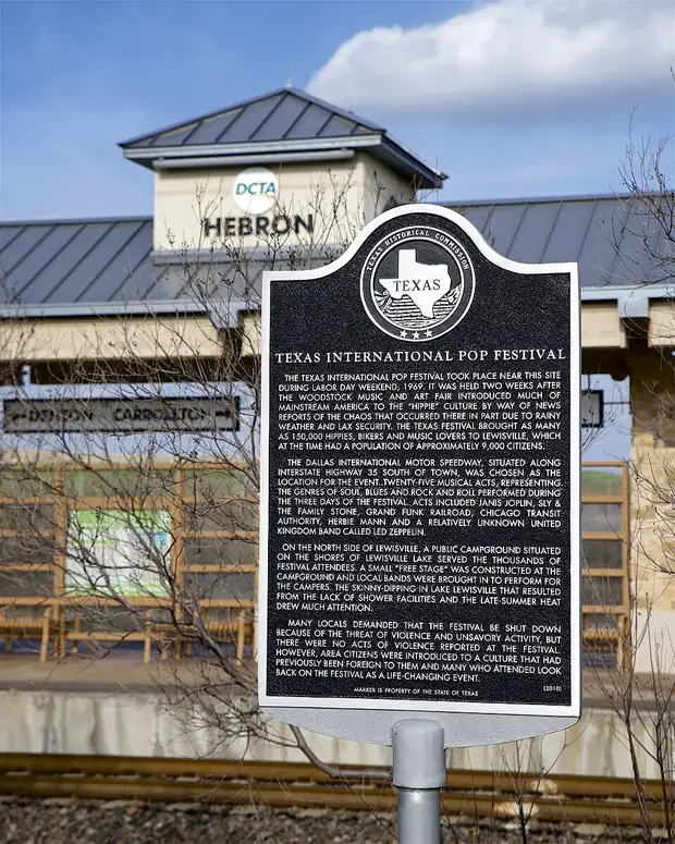 The Texas International Pop Festival historical marker at Hebron station