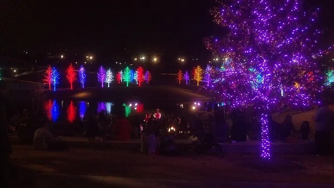 Holiday lights reflected in the pond at Vitruvian Park
